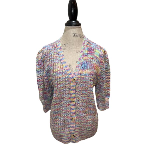 Design 365 Pink, Blue & Yellow 3/4 Balloon Sleeve Cardigan Sweater Women's XL - Picture 1 of 13